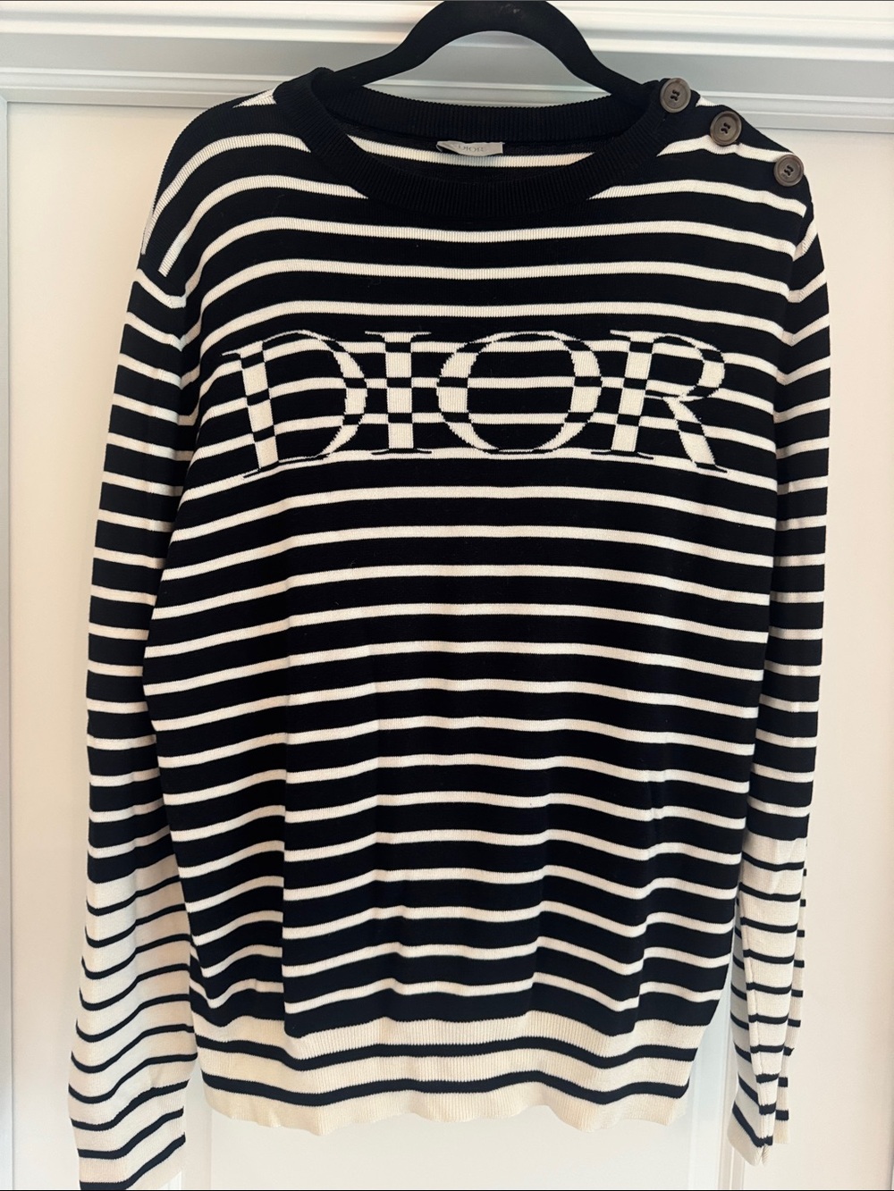 Dior Black and White Striped Logo Knit Sweater with Button Detail